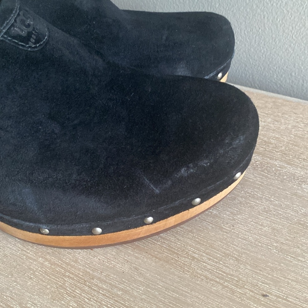 UGG Black Suede Mules with Tan Wooden Heel - Picture 11 of 13